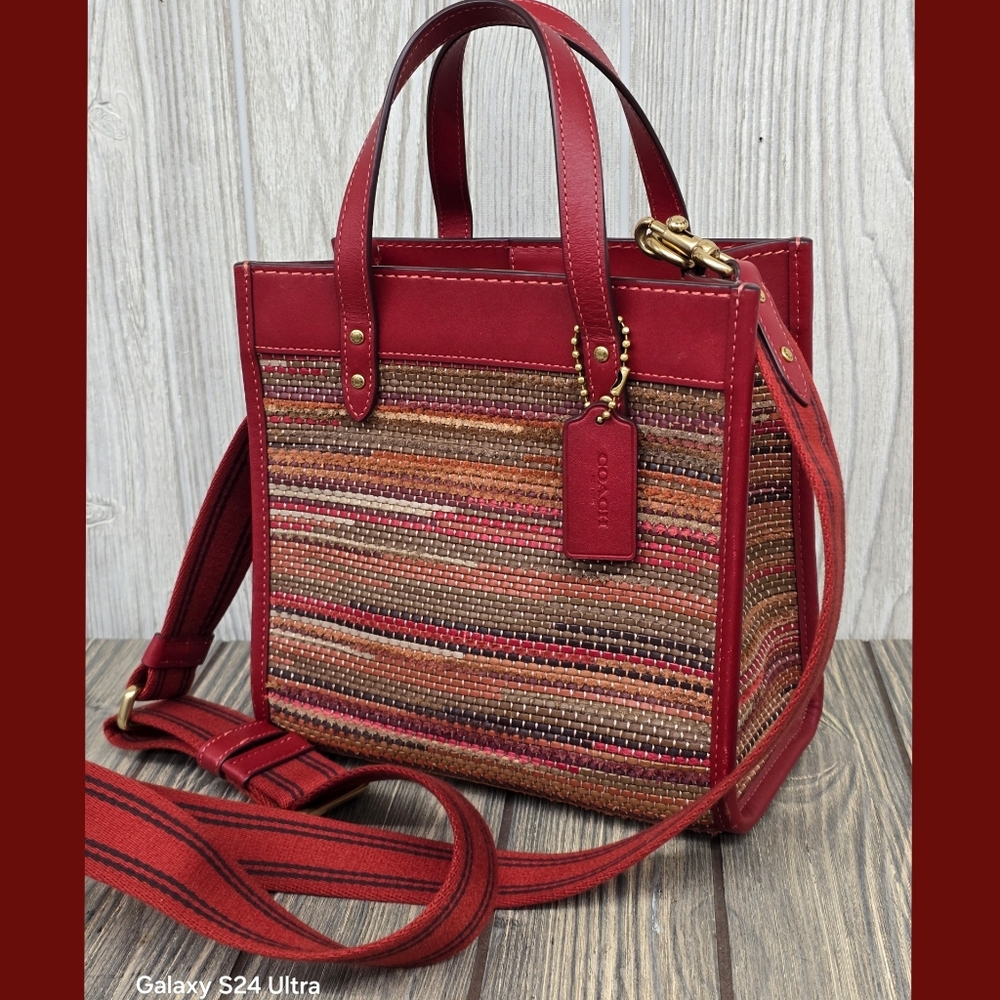 COACH C3860 Field Tote 22 Bag Upwoven Leather Satchel Crossbody Brick Red